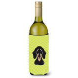 Checkerboard Lime Green Smooth Black Tan Dachshund Wine Bottle Beverage Insulator Hugger