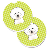 Caroline'S Treasures Checkerboard Lime Green Bichon Frise Set Of 2 Cup Holder Car Coasters Bb1279Carc, 2.56, Multicolor