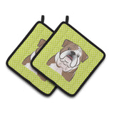 Caroline'S Treasures Checkerboard Lime Green English Bulldog Pair Of Pot Holders Bb1281Pthd, 7.5Hx7.5W, Multicolor