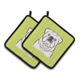 Caroline'S Treasures Checkerboard Lime Green White English Bulldog Pair Of Pot Holders Bb1282Pthd, 7.5Hx7.5W, Multicolor