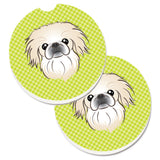 Caroline'S Treasures Checkerboard Lime Green Pekingese Set Of 2 Cup Holder Car Coasters Bb1283Carc, 2.56, Multicolor