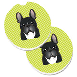 Caroline'S Treasures Checkerboard Lime Green French Bulldog Set Of 2 Cup Holder Car Coasters Bb1289Carc, 2.56, Multicolor