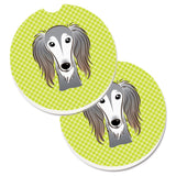 Caroline'S Treasures Checkerboard Lime Green Saluki Set Of 2 Cup Holder Car Coasters Bb1291Carc, 2.56, Multicolor