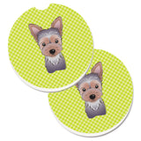 Caroline'S Treasures Checkerboard Lime Green Yorkie Puppy Set Of 2 Cup Holder Car Coasters Bb1294Carc, 2.56, Multicolor