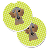 Caroline'S Treasures Checkerboard Lime Green Wirehaired Dachshund Set Of 2 Cup Holder Car Coasters Bb1295Carc, 2.56, Multicolo