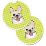 Caroline'S Treasures Checkerboard Lime Green French Bulldog Set Of 2 Cup Holder Car Coasters Bb1300Carc, 2.56, Multicolor