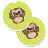Caroline'S Treasures Checkerboard Lime Green Chocolate Brown Shih Tzu Set Of 2 Cup Holder Car Coasters Bb1311Carc, 2.56, Multi