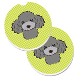 Caroline'S Treasures Checkerboard Lime Green Silver Gray Poodle Set Of 2 Cup Holder Car Coasters Bb1321Carc, 2.56, Multicolor,