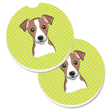 Caroline'S Treasures Checkerboard Lime Green Jack Russell Terrier Set Of 2 Cup Holder Car Coasters Bb1322Carc, 2.56, Multicolo