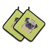Caroline'S Treasures Checkerboard Lime Green Fawn Pug Pair Of Pot Holders Bb1324Pthd, 7.5Hx7.5W, Multicolor