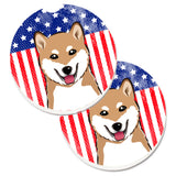 Caroline'S Treasures American Flag & Shiba Inu Set Of 2 Cup Holder Car Coasters Bb2155Carc, 2.56, Multicolor