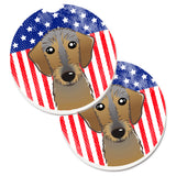 Caroline'S Treasures American Flag & Wirehaired Dachshund Set Of 2 Cup Holder Car Coasters Bb2163Carc, 2.56, Multicolor