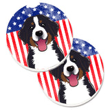 Caroline'S Treasures American Flag & Bernese Mountain Dog Set Of 2 Cup Holder Car Coasters Bb2167Carc, 2.56, Multicolor