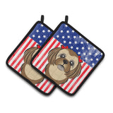Caroline'S Treasures American Flag & Chocolate Brown Shih Tzu Pair Of Pot Holders Bb2179Pthd, 7.5Hx7.5W, Multicolor