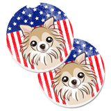 Caroline'S Treasures American Flag & Chihuahua Set Of 2 Cup Holder Car Coasters Bb2181Carc, 2.56, Multicolor