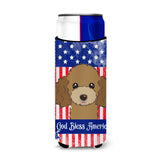Caroline'S Treasures Bb2186Muk God Bless American Flag With Chocolate Brown Poodle Michelob Ultra Koozies For Slim Cans, M