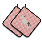 Caroline'S Treasures Bull Terrier Checkerboard Pink Pair Of Pot Holders Bb3678Pthd, 7.5Hx7.5W, Multicolor
