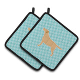 Caroline'S Treasures Yellow Labrador Retriever Checkerboard Blue Pair Of Pot Holders Bb3697Pthd, 7.5Hx7.5W, Multicolor
