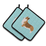 Caroline'S Treasures Corgi Checkerboard Blue Pair Of Pot Holders Bb3720Pthd, 7.5Hx7.5W, Multicolor
