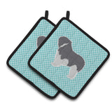 Caroline'S Treasures Bb3732Pthd Polish Lowland Sheepdog Dog Checkerboard Blue Pair Of Pot Holders, 7.5H X 7.5 W, Multi