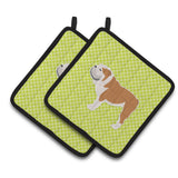 Caroline'S Treasures English Bulldog Checkerboard Green Pair Of Pot Holders Bb3862Pthd, 7.5Hx7.5W, Multicolor