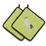 Caroline'S Treasures Bull Terrier Checkerboard Green Pair Of Pot Holders Bb3878Pthd, 7.5Hx7.5W, Multicolor