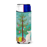 Caroline'S Treasures Foreign White Cat Merry Christmas Tree Michelob Ultra Hugger For Slim Cans, Slim Can, Multicolor