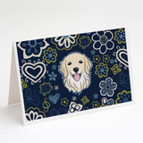 Blue Flowers Golden Retriever Greeting Cards And Envelopes Pack Of 8