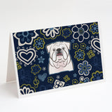 Blue Flowers White English Bulldog Greeting Cards And Envelopes Pack Of 8