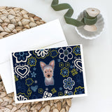 Blue Flowers Yorkie Puppy Greeting Cards And Envelopes Pack Of 8