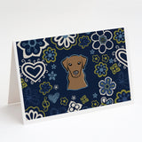 Blue Flowers Chocolate Labrador Greeting Cards And Envelopes Pack Of 8