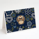 Blue Flowers Chocolate Brown Shih Tzu Greeting Cards And Envelopes Pack Of 8