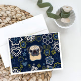 Blue Flowers Fawn Pug Greeting Cards And Envelopes Pack Of 8