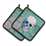 Caroline'S Treasures Day Of The Dead Teal Skull Pair Of Pot Holders, 7.5Hx7.5W, Multicolor