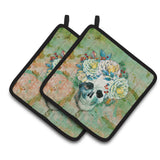 Caroline'S Treasures Day Of The Dead Skull With Flowers Pair Of Pot Holders, 7.5Hx7.5W, Multicolor