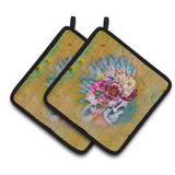 Caroline'S Treasures Day Of The Dead Flowers Skull Pair Of Pot Holders, 7.5Hx7.5W, Multicolor