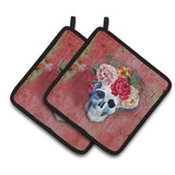 Caroline'S Treasures Day Of The Dead Red Flowers Skull Pair Of Pot Holders, 7.5Hx7.5W, Multicolor