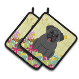 Caroline'S Treasures Easter Eggs Pug Black Pair Of Pot Holders, 7.5Hx7.5W, Multicolor