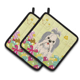 Caroline'S Treasures Easter Shih Tzu Silver White Pair Of Pot Holders, 7.5Hx7.5W, Multicolor