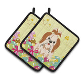 Caroline'S Treasures Easter Eggs Shih Tzu Red White Pair Of Pot Holders, 7.5Hx7.5W, Multicolor