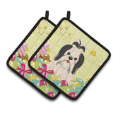 Caroline'S Treasures Easter Shih Tzu Black White Pair Of Pot Holders, 7.5Hx7.5W, Multicolor