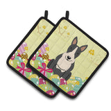 Caroline'S Treasures Easter Bull Terrier Black Pair Of Pot Holders, 7.5Hx7.5W, Multicolor