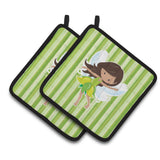 Caroline'S Treasures Fairy Green Stripes Pair Of Pot Holders, 7.5 X 7.5, Multicolor