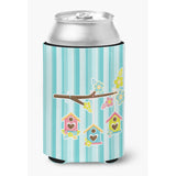 Caroline'S Treasures Birdhouses On Blue Stripes Can Or Bottle Hugger, Can Hugger, Multicolor
