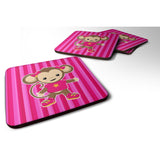 Caroline'S Treasures Monkey On Pink Stripes Foam Coaster Set Of 4, 3.5, Multicolor