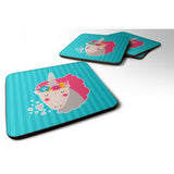 Caroline'S Treasures Unicorn Blue Stripes Foam Coaster Set Of 4, 3.5, Multicolor