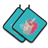 Caroline'S Treasures Bb7140Pthd Unicorn Blue Stripes Pair Of Pot Holders, 7.5 X 7.5, Multicolor