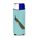 Caroline'S Treasures Indian Peacock Peafowl Blue Check Decorative Can Hugger, Slim, Multicolor