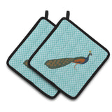 Caroline'S Treasures Indian Peacock Peafowl Blue Check Decorated Pot Holder, 7.5 X 7.5
