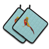 Caroline'S Treasures Golden Or Chinese Pheasant Blue Check Decorated Pot Holder, 7.5 X 7.5
